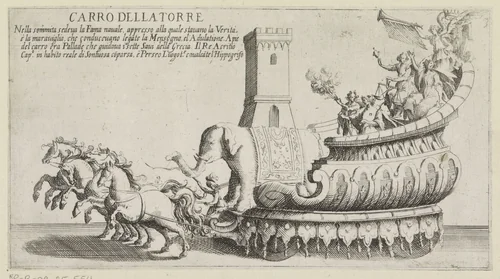 Triomfwagen van het Sienese district Torre by Bernardino Capitelli, print, 1632-1640