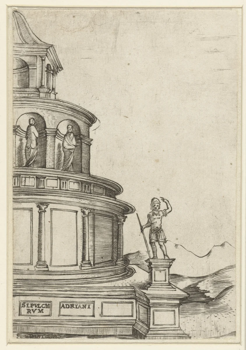 Deel van het exterieur van een klassiek mausoleum (Engelenburcht te Rome) by anonymous, print, 1500-1549