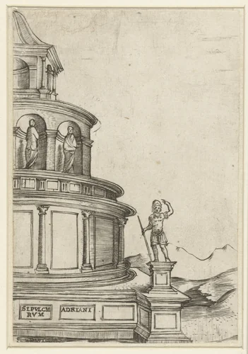 Deel van het exterieur van een klassiek mausoleum (Engelenburcht te Rome) by anonymous, print, 1500-1549