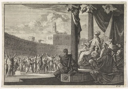 Koning Agrippa ziet een uil boven zijn troon by Jan Luyken, print, 1704