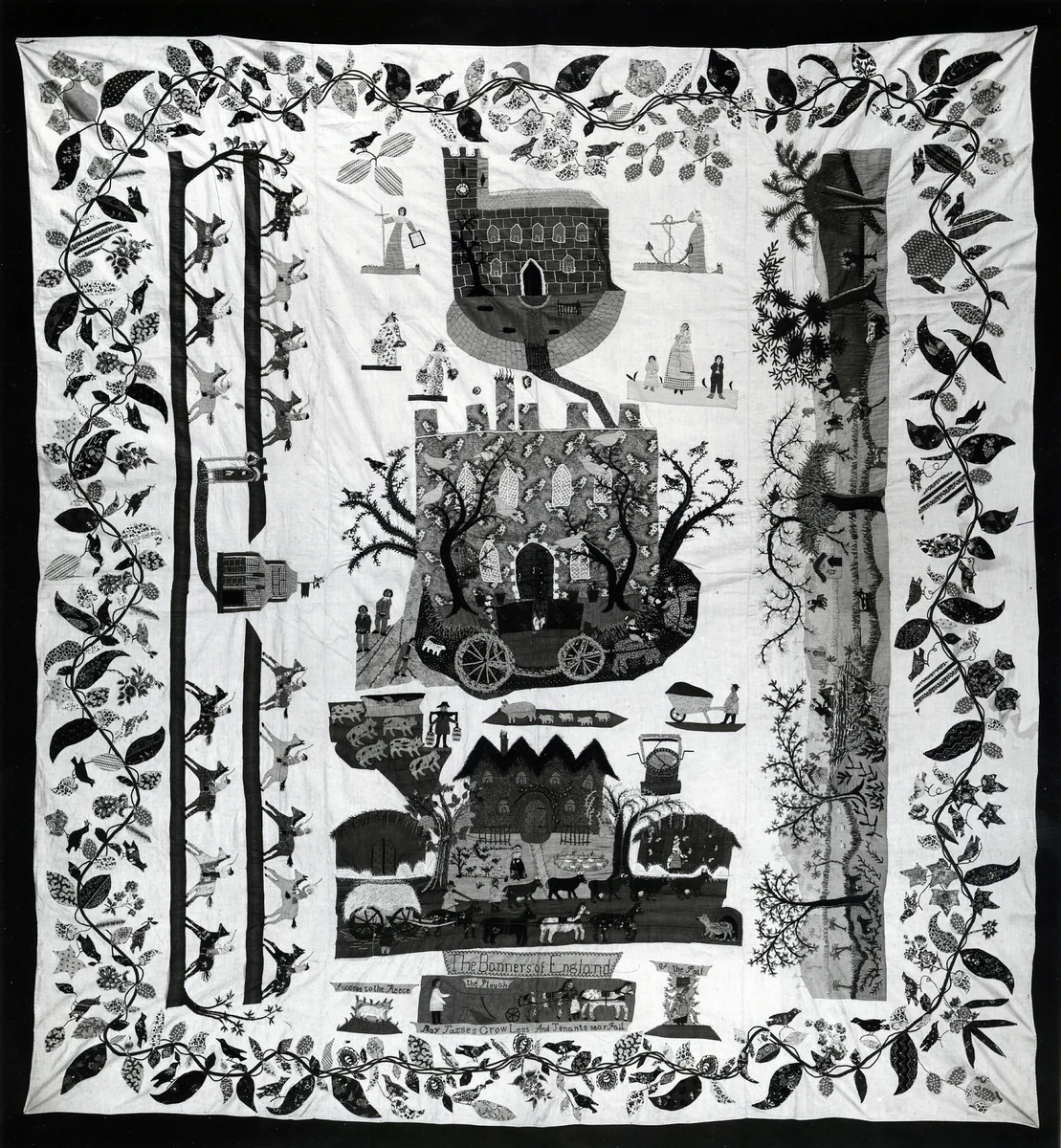 Bedspread (Scenes of English Country Life) by England, textile, 1820-1840