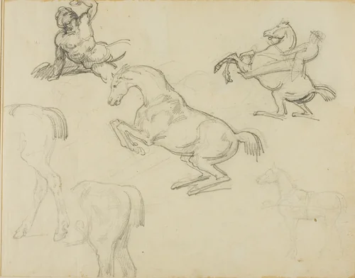 Sketches: Reclining Nude, a Horseman and Various Horses by Jean Louis André Théodore Géricault, drawing, 1818-1819