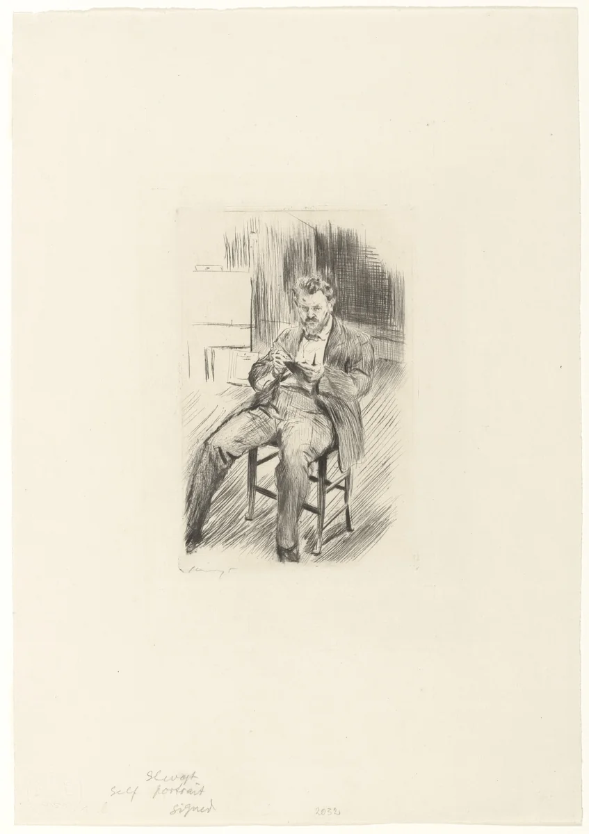 Self-Portrait,Etching in the Studio (Selbstbildnis, im Atelier radierend) by Max Slevogt, print, 1911
