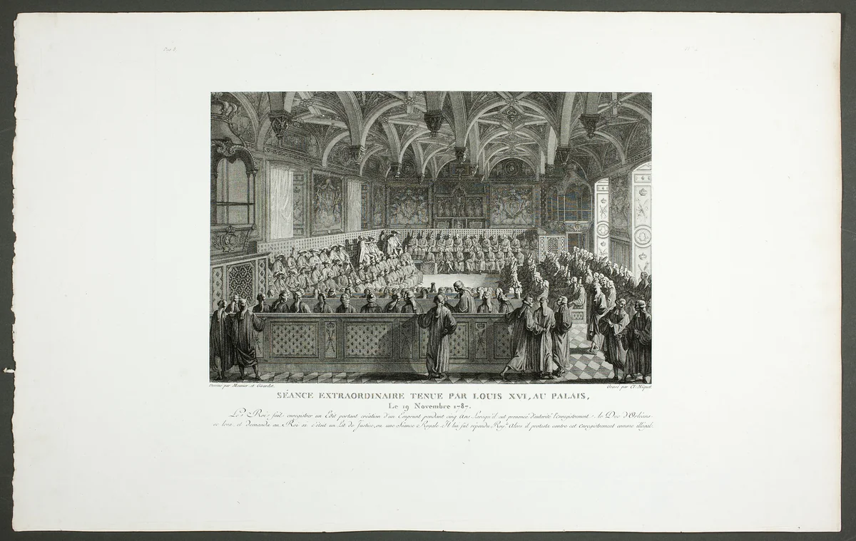 Special Session Held by Louis XVI at the Palace, from the series Tableaux historiques de la Révolution française by Claude Niquet, print, 1798-1804