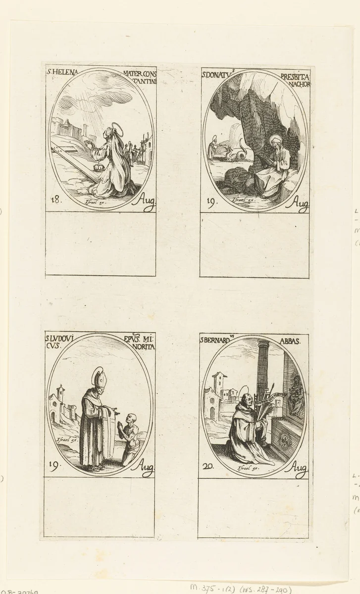 Heilige Helena, Heilige Donatus van Sisteron, Heilige Ludovicus van Toulouse, Heilige Bernardus van Clairvaux (18-20 augustus) by Jacques Callot, print, 1632-1636