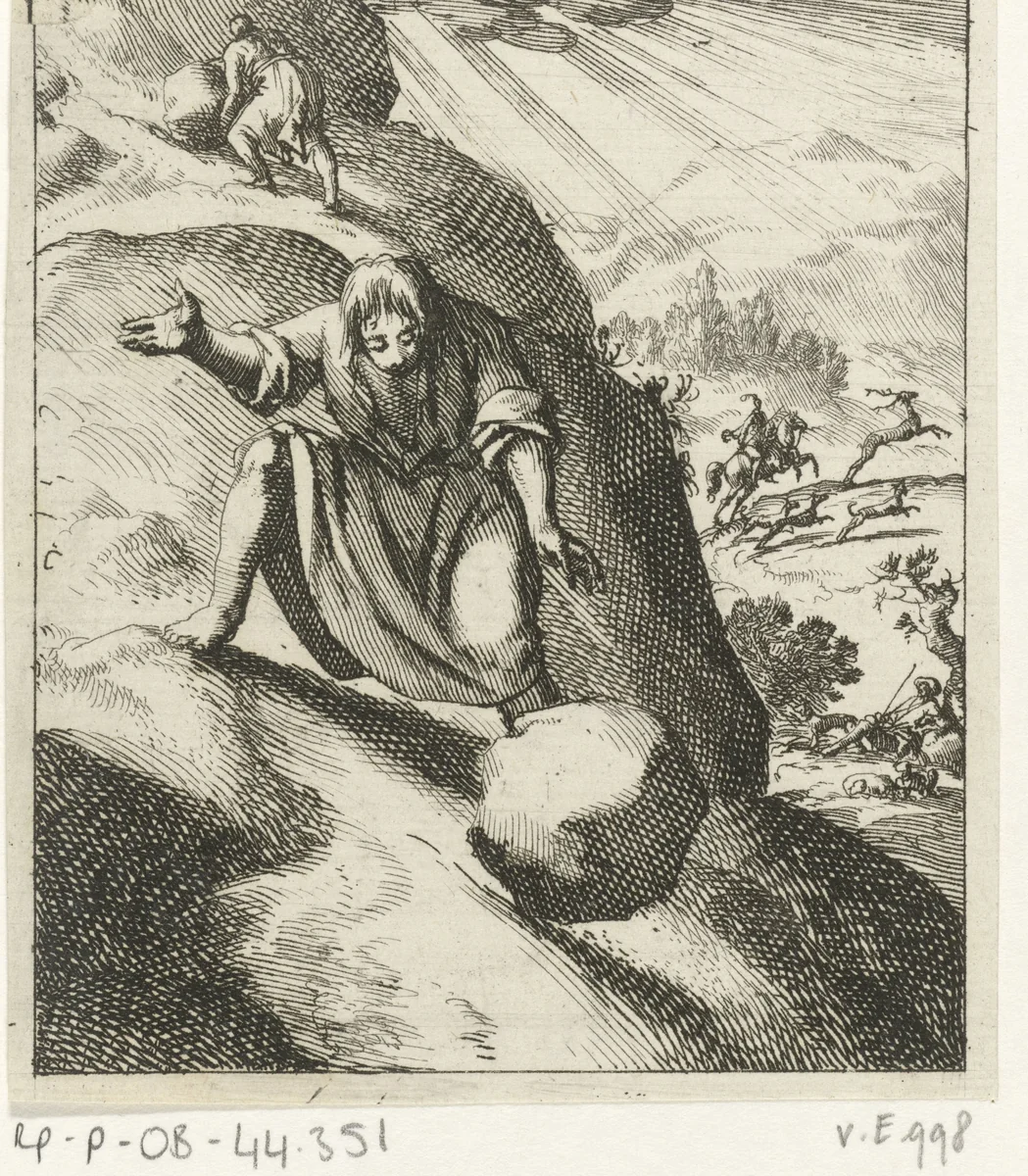Man kijkt grote steen na die uit zijn is handen geglipt en van de berg rolt by Jan Luyken, print, 1689