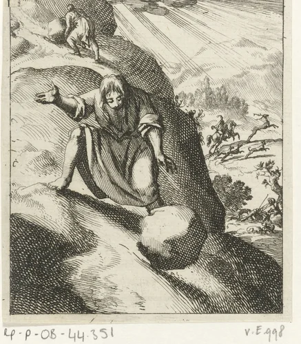 Man kijkt grote steen na die uit zijn is handen geglipt en van de berg rolt by Jan Luyken, print, 1689