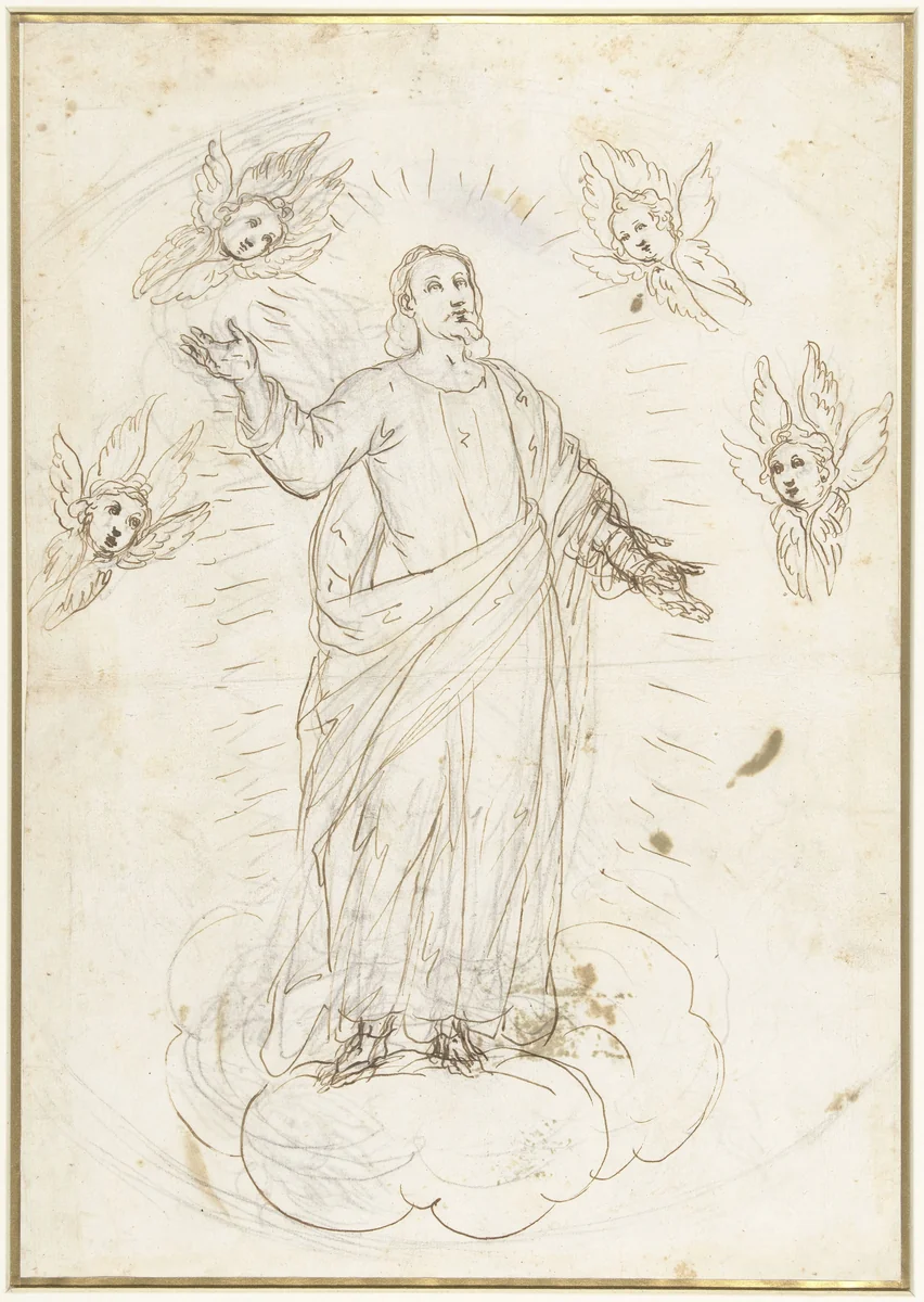 Hemelvaart van Christus omgeven door cherubijnen by Alessandro Maganza, drawing, 1566-1640