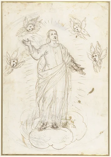 Hemelvaart van Christus omgeven door cherubijnen by Alessandro Maganza, drawing, 1566-1640