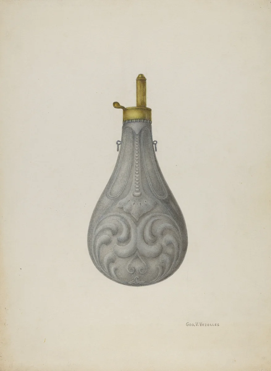 Pewter Powder Flask by George V Vezolles, index of american design, 1939