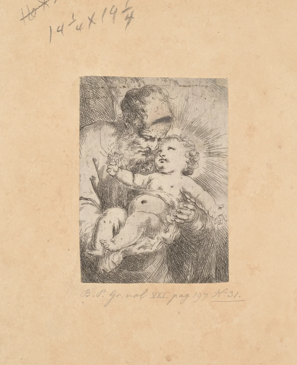 Saint Joseph in Half-Length, Holding the Christ Child by Bartolomeo Biscaino, print, 1632-1657