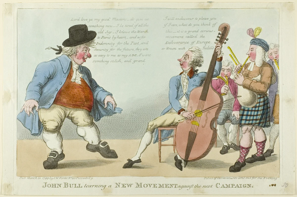 John Bull Learning a New Movement by Unknown Artist, print, 1799