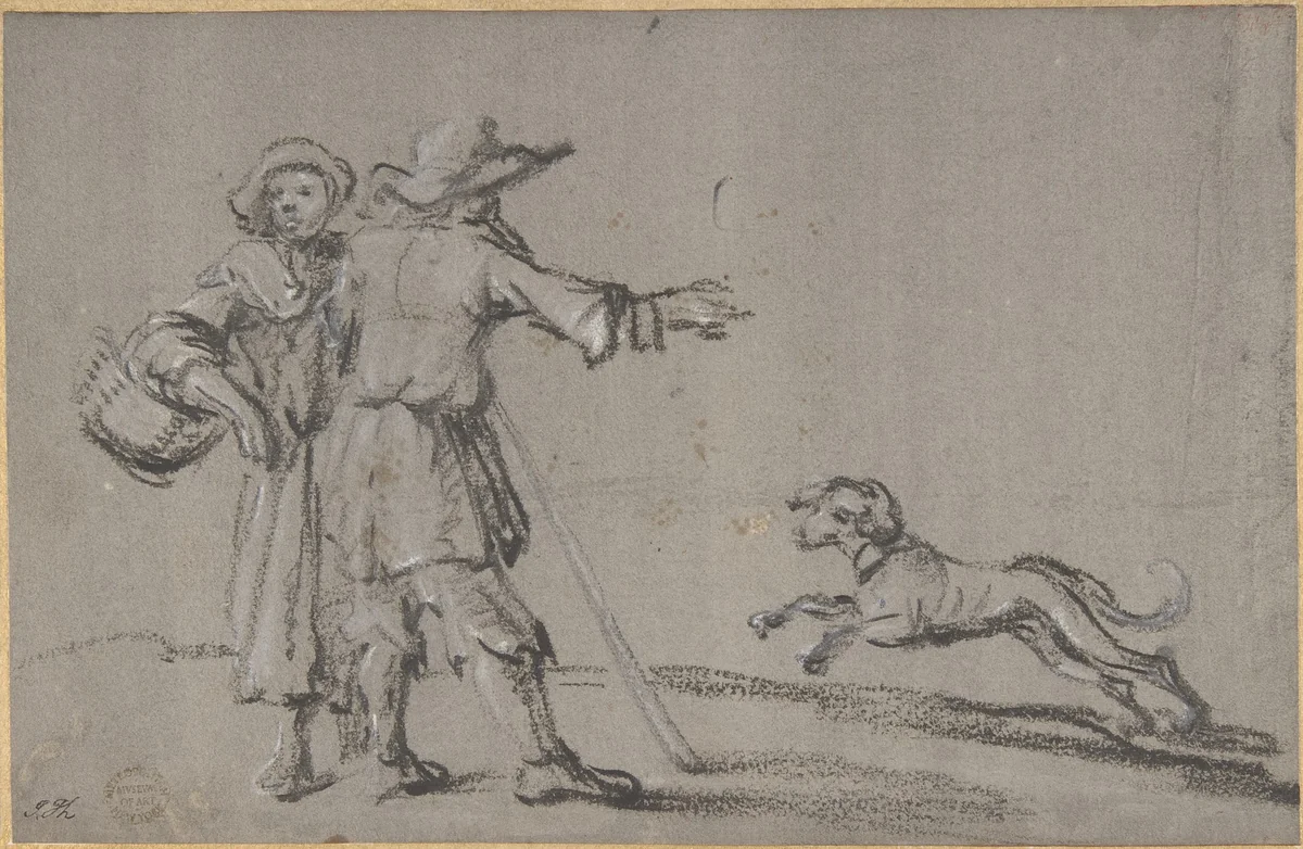 Two Figures and a Dog by anonymous, drawing, 1600-1700