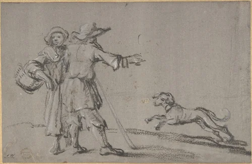 Two Figures and a Dog by anonymous, drawing, 1600-1700