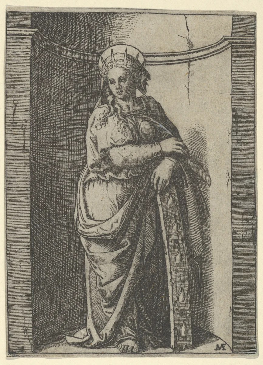 Saint Catherine standing in a niche, resting on a wheel, her instrument of torture by Marcantonio Raimondi, print, 1495-1532