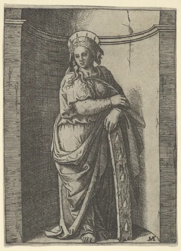 Saint Catherine standing in a niche, resting on a wheel, her instrument of torture by Marcantonio Raimondi, print, 1495-1532