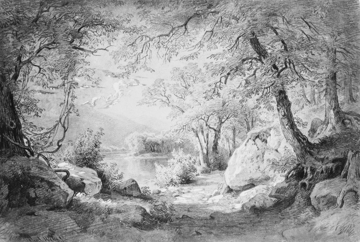 Wooded Landscape with Lake and Mountains (from the Cropsey Album) by Paul Weber, artwork, 1854