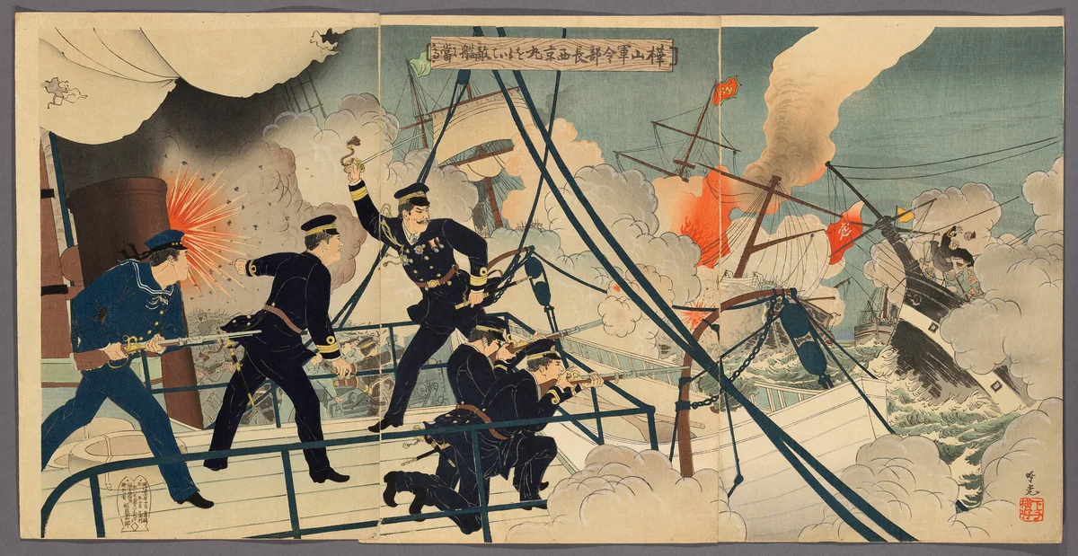 Kabayama, the Chief of Naval Staff, Attacking Enemy Ships from onboard Saikyomaru (Kabayama gunreibucho Saikyomaru o motte tekikan ni ataru) by Adachi Ginko, print, 1894