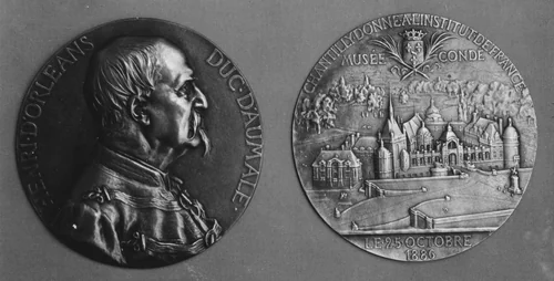 To commemorate the gift of his chateau de Chantilly to the nation, by the Duc d'Aumale on his banishment in 1886 by Jules-Clément Chaplain, metalwork, 1886