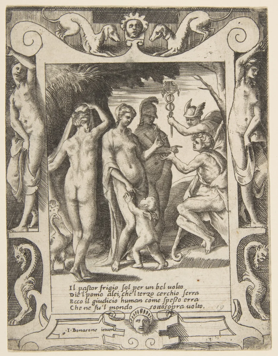 The judgment of Paris, set within an elaborate frame, from "Loves, Rages and Jealousies of Juno" by Giulio Bonasone, print, 1531-1576