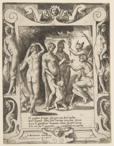 The judgment of Paris, set within an elaborate frame, from "Loves, Rages and Jealousies of Juno" by Giulio Bonasone, print, 1531-1576