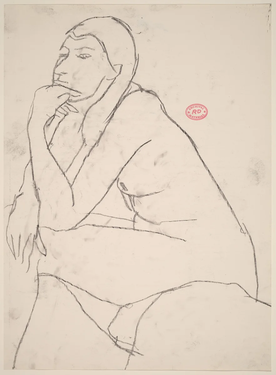 Untitled [seated female nude resting chin on left hand] by Richard Diebenkorn, drawing, 1955-1967