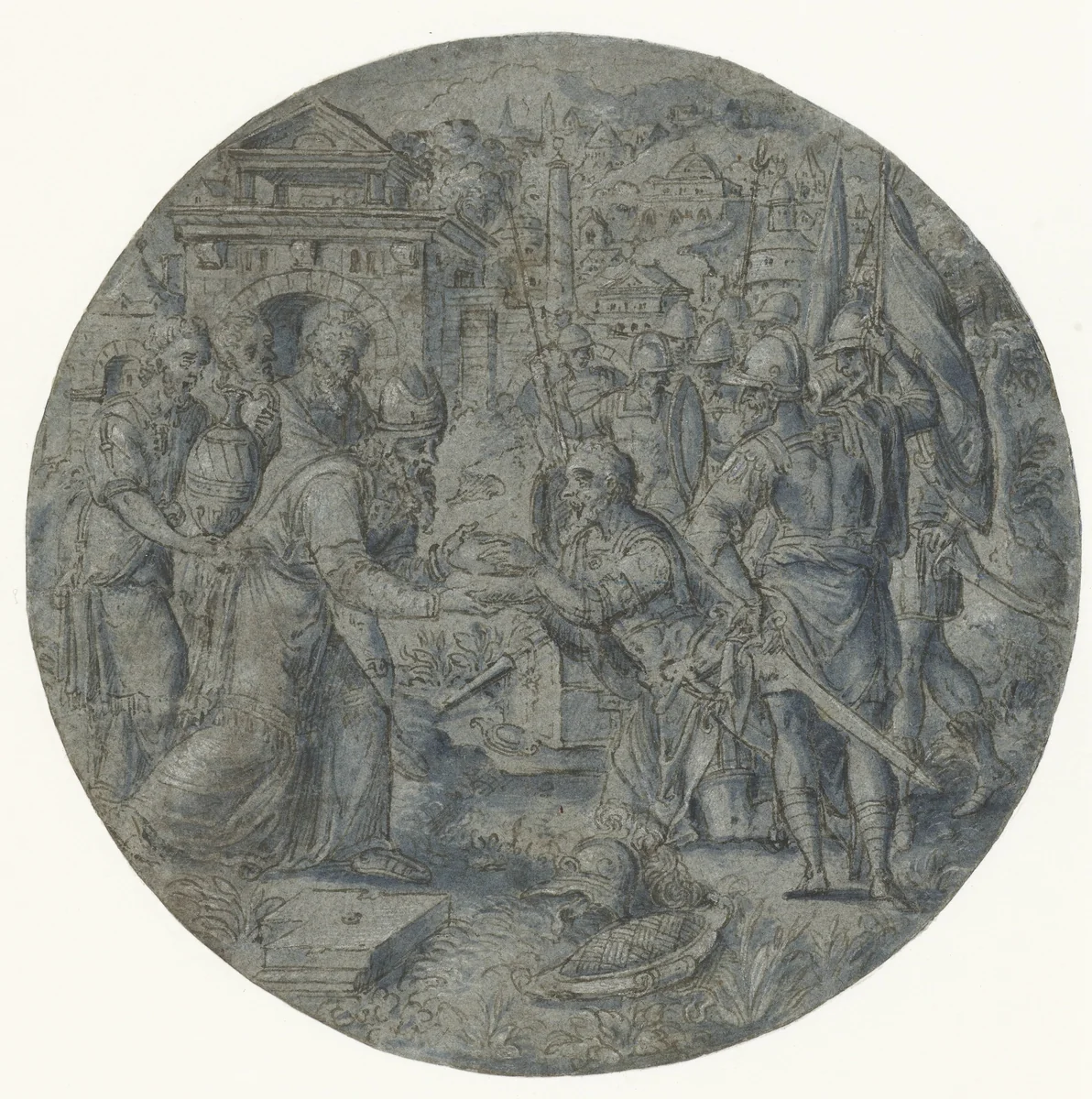 Ontmoeting van Abraham en Melchisedek by anonymous, drawing, 1550-1570