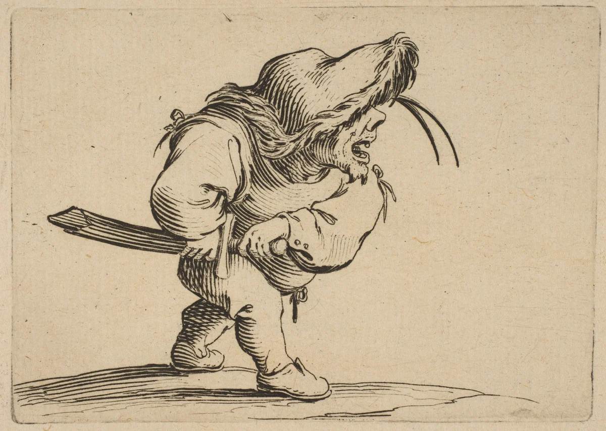 L'Homme S'Apprêtant a Tirer son Sabre (Man Preparing to Draw his Sword), from "Varie Figure Gobbi, suite appelée aussi Les Bossus, Les Pygmées, Les Nains Grotesques" (Various Hunchbacked Figures, The Hunchbacks, The Pygmes, The Grotesque Dwarfs) by Jacques Callot, print, 1616-1622