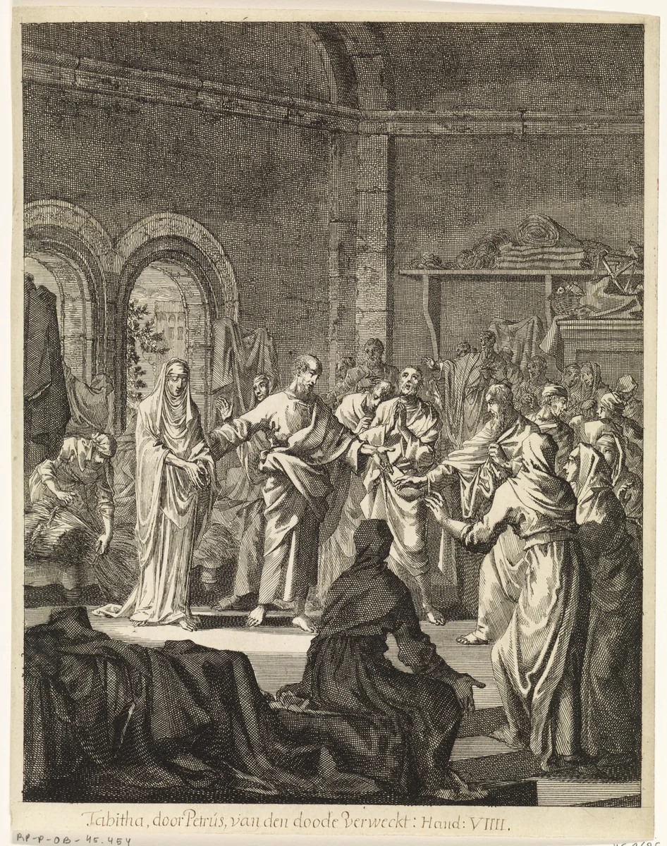 Opwekking van Dorkas (Tabita) by Jan Luyken, print, 1708
