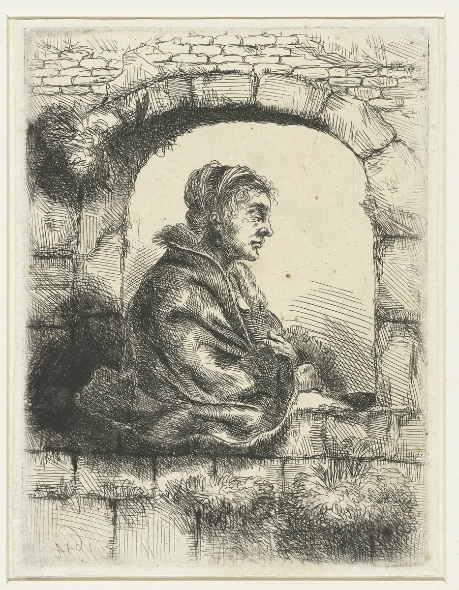 Vrouw zittend voor een open raam by anonymous, print, 1654