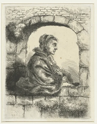 Vrouw zittend voor een open raam by anonymous, print, 1654