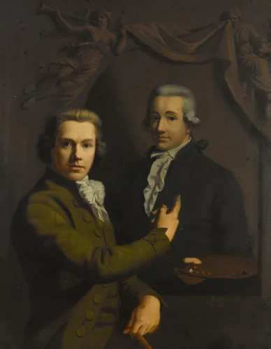 Self Portrait, Pointing at a Portrait of the Artist's deceased Colleague Dirk Jacobsz Ploegsma (1769-91) by Willem Bartel van der Kooi, painting, 1791-1795