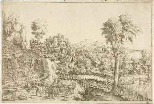 Landscape with a Vine-Yard, in the Middle a Chariot Loaded with Poles by Hanns Lautensack, print, 1554-1559