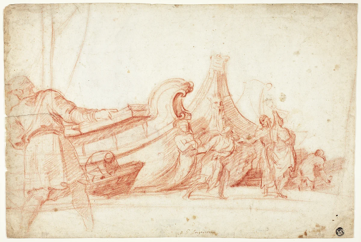 Dock Scene (recto); Two Sketches of Male Figures (verso) by Guillaume Courtois, drawing, 1650-1664