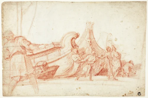 Dock Scene (recto); Two Sketches of Male Figures (verso) by Guillaume Courtois, drawing, 1650-1664