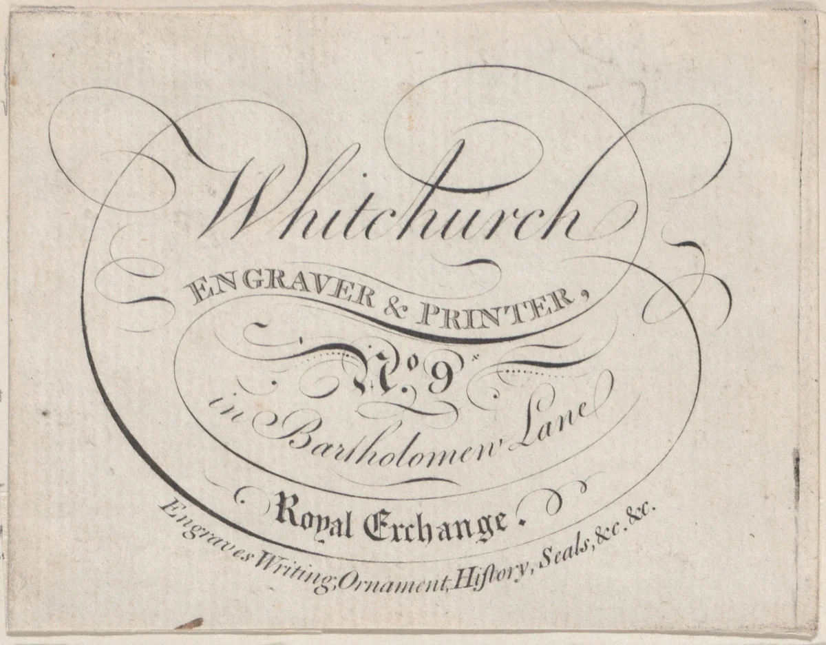 Trade Card for Whitchurch, Engraver & Printer by anonymous, print, 1800-1900
