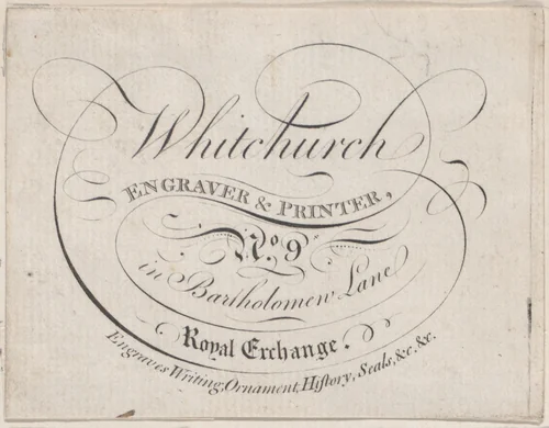 Trade Card for Whitchurch, Engraver & Printer by anonymous, print, 1800-1900