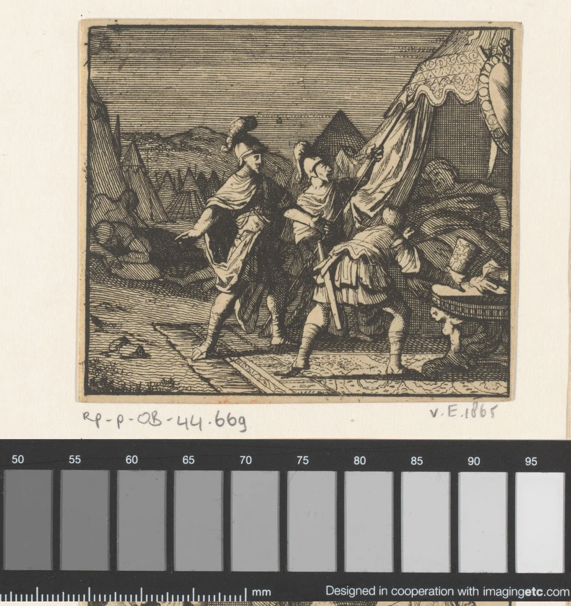 David, vergezeld door Abisai en Achimelech, vindt Saul slapend in zijn tent by Caspar Luyken, print, 1698