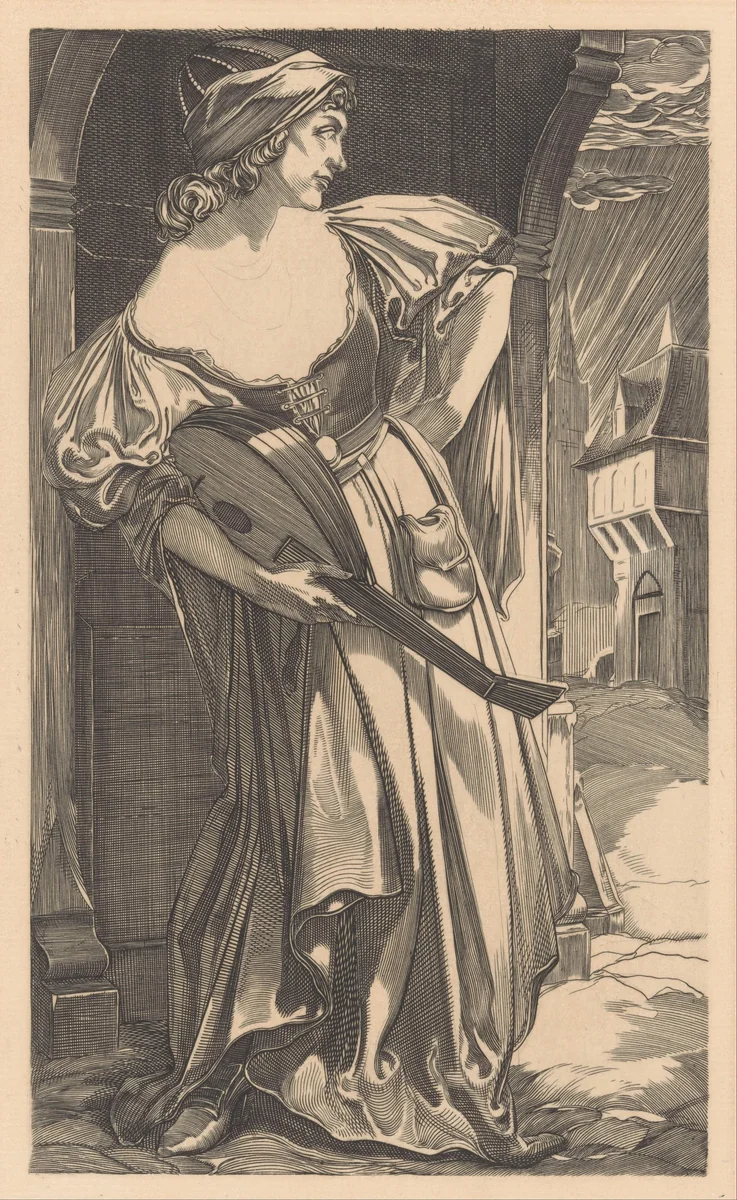 Vrouw met luit op straat by Johannes Josephus Aarts, print, 1881-1934