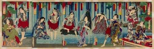 Kabuki Stars Before a Gracious Waterfall (Arigataki megumi no hanagata) by Toyohara Kunichika, print, 1883