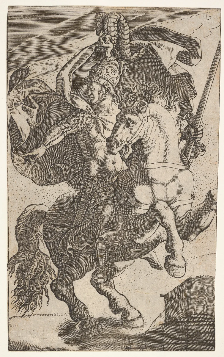 Soldier riding a rearing horse and wearing feathered helmet, cuirass, pteruges, and greaves, the soldier looks and points to his right by Giovanni Battista Scultori, print, 1530-1575