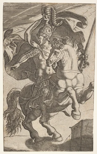 Soldier riding a rearing horse and wearing feathered helmet, cuirass, pteruges, and greaves, the soldier looks and points to his right by Giovanni Battista Scultori, print, 1530-1575