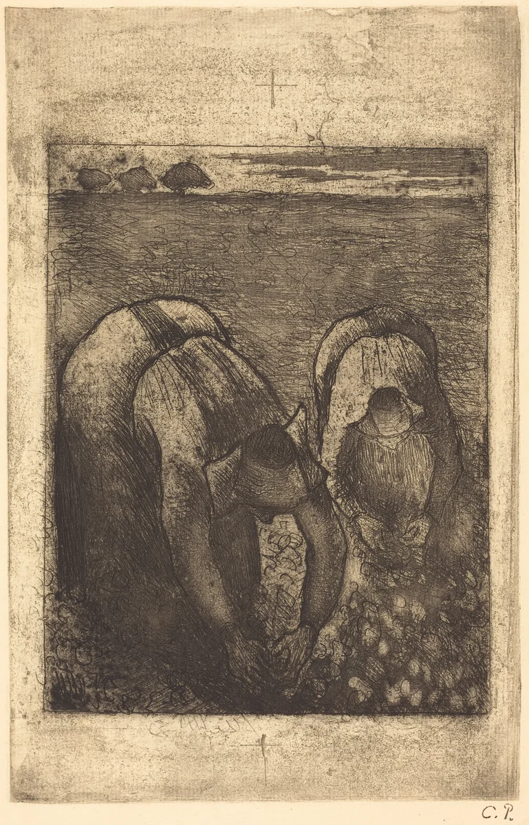 Peasants in a Field of Beans (Paysannes dans un champ de haricots) by Camille Pissarro, print, 1891