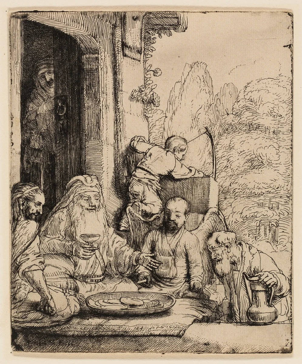 Abraham Entertaining the Angels by Rembrandt van Rijn, print, 1656