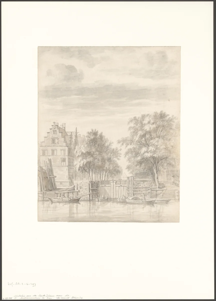 Gezicht op de schutsluis bij de Oudeschans by anonymous, drawing, 1700-1799
