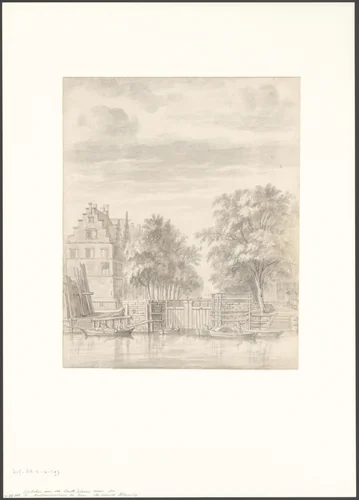 Gezicht op de schutsluis bij de Oudeschans by anonymous, drawing, 1700-1799