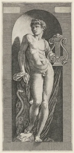 Apollo met harp staand in nis by Marcantonio Raimondi, print, 1512-1515