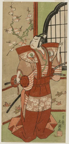 Onoe Kikugorō I as Izumi no Saburō in the Play Snowflakes: Plum Blossoms Kaomise by Ippitsusai Bunchō (一筆齊文調), print, 1769