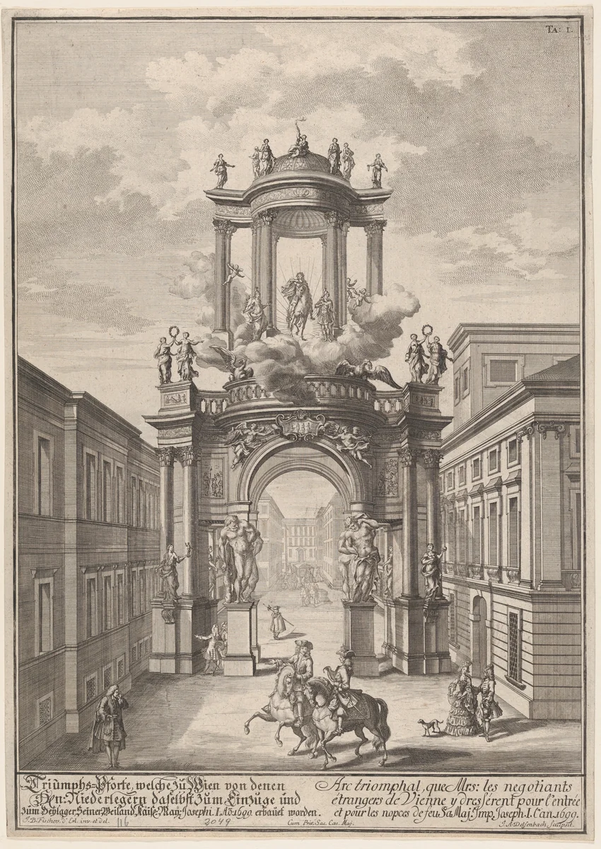 Triumphal arch erected by the foreign merchants of Vienna for the marriage of Joseph I in 1699; from 'Entwurff einer historischen Architectur ...' by Johann Adam Delsenbach, print, 1699-1750