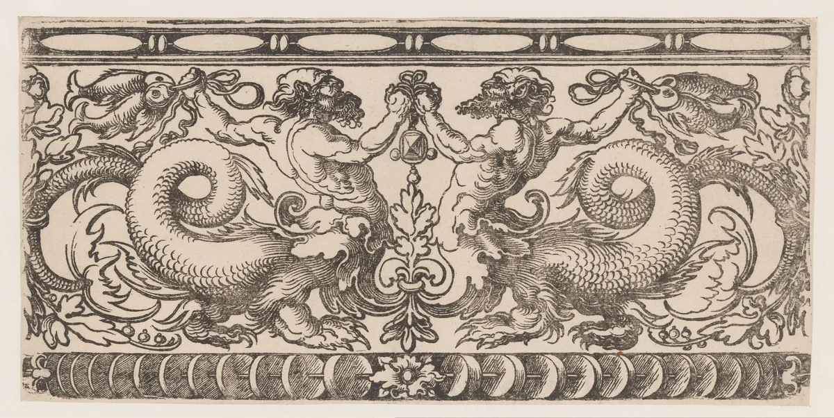 Ornament met twee vechtende tritons by anonymous, print, 1510-1550